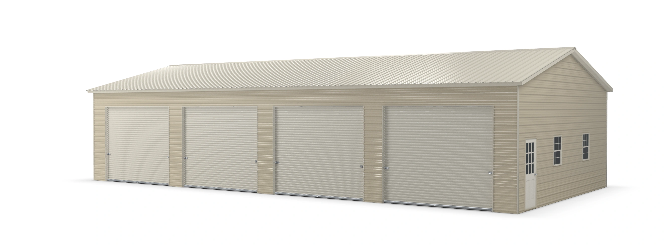 Four-bay MetBuildings garage with satin beige cladding and closed roll-up doors