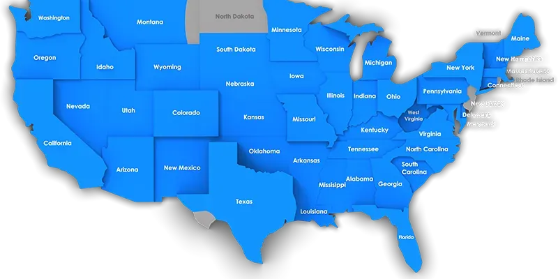 Map of the United States showing the states MetBuildings delivers and installs in