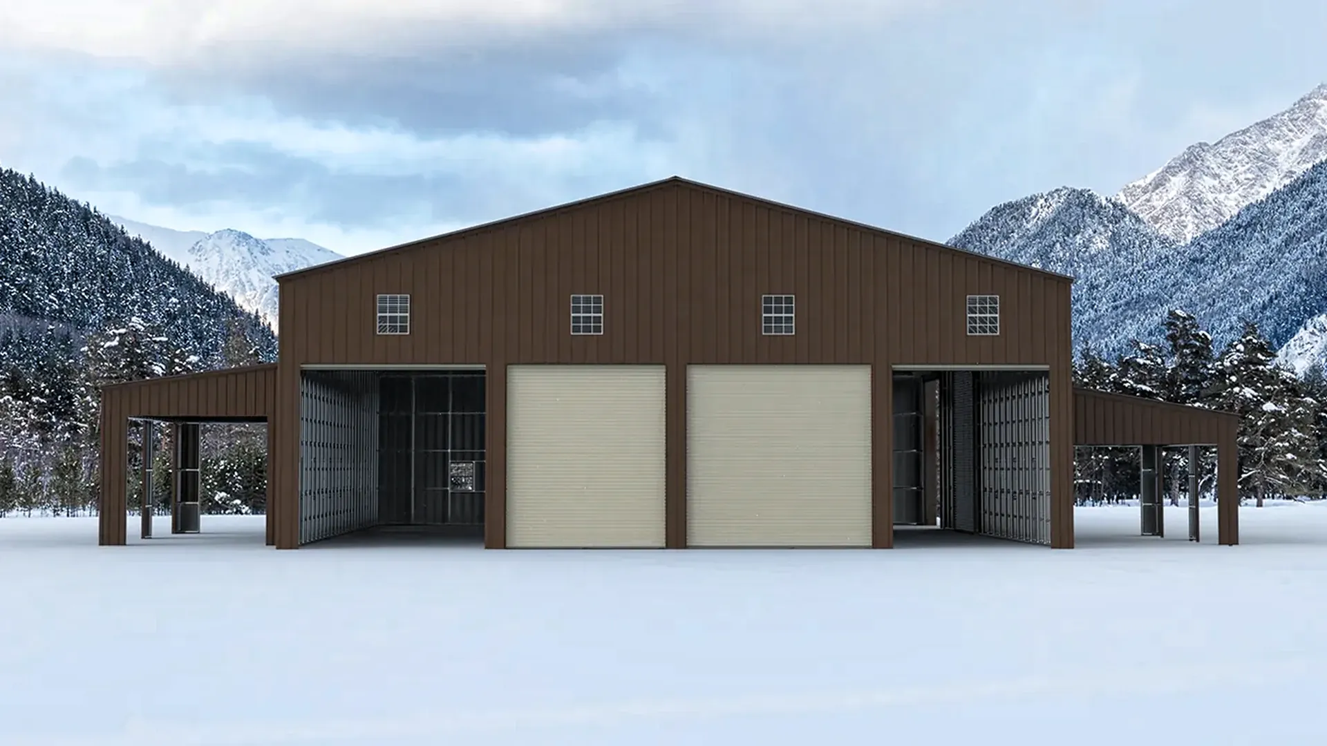 Finished steel building with closed walls and roll-up doors