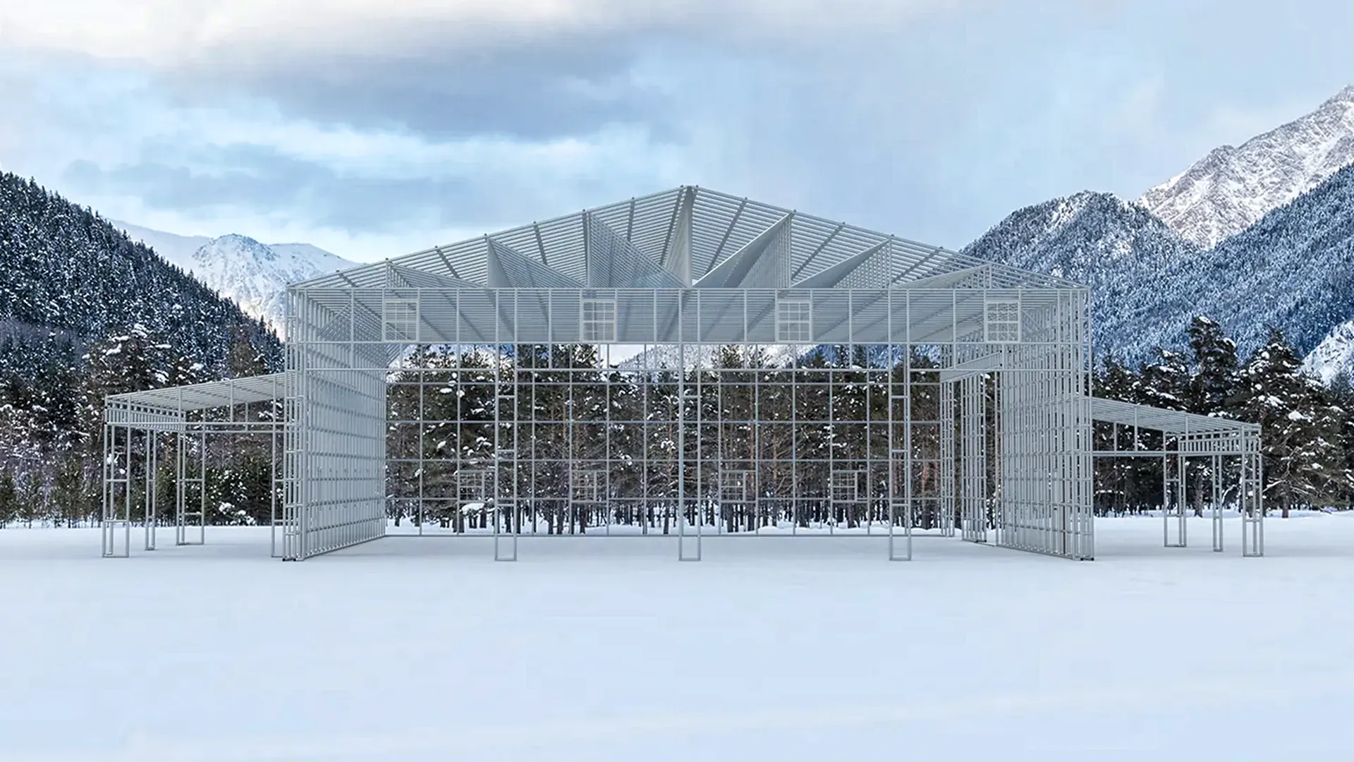 Bare galvanized steel frame of the same building before cladding