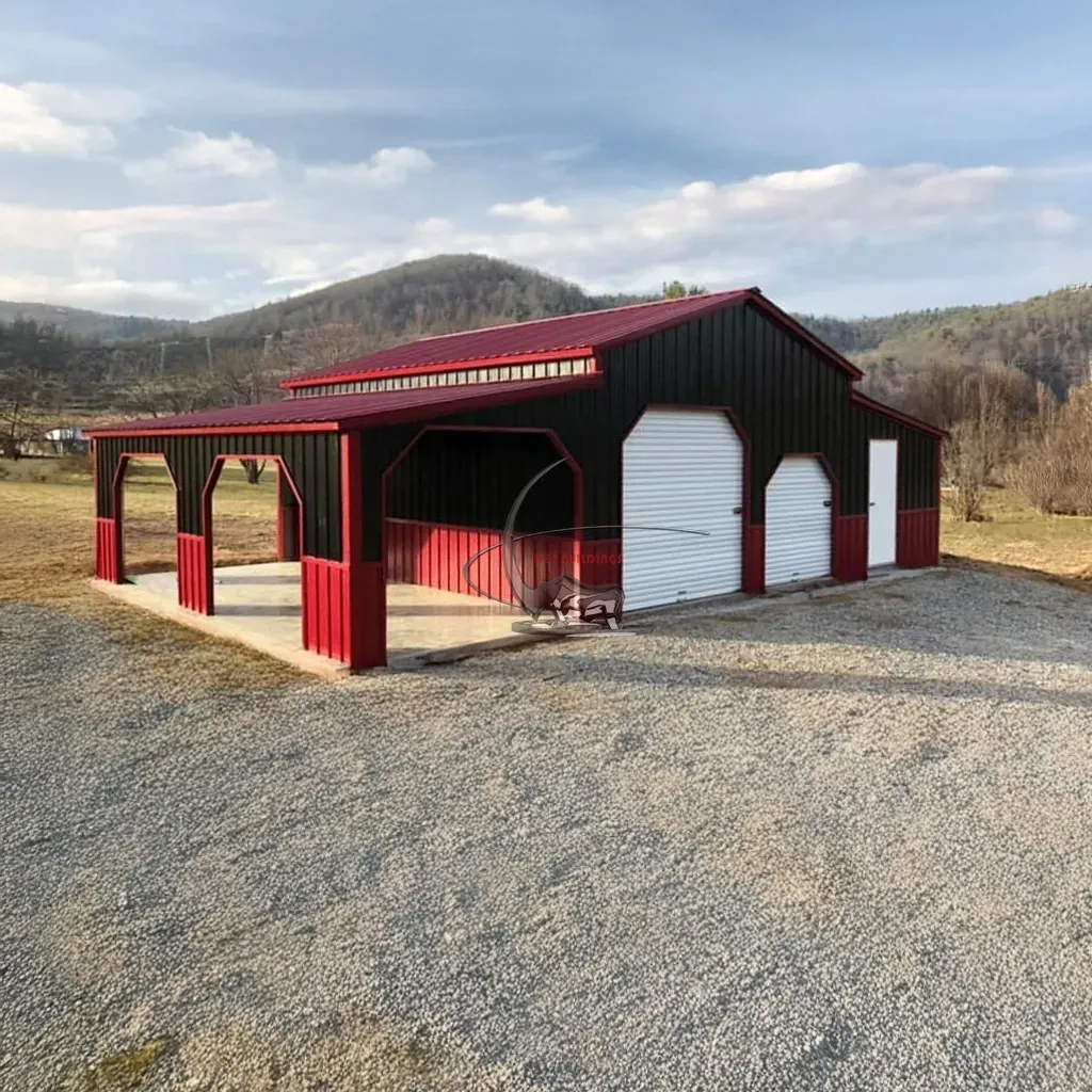 44x30 Stylish Two-Tone Steel Barn with Spacious Interior and Lean-Tos — view 1
