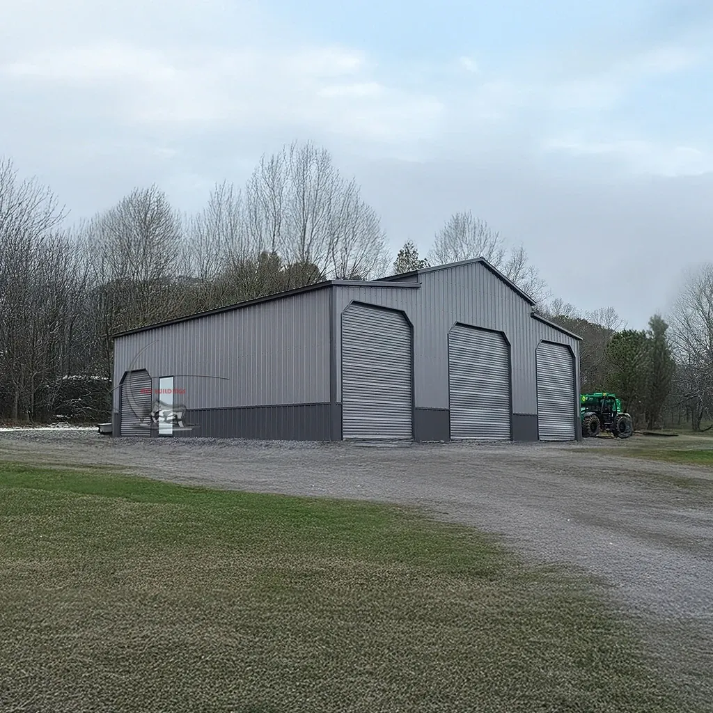 Robust 44x50 Steel Barn with Dual Lean-Tos and Pewter Gray Garage Doors