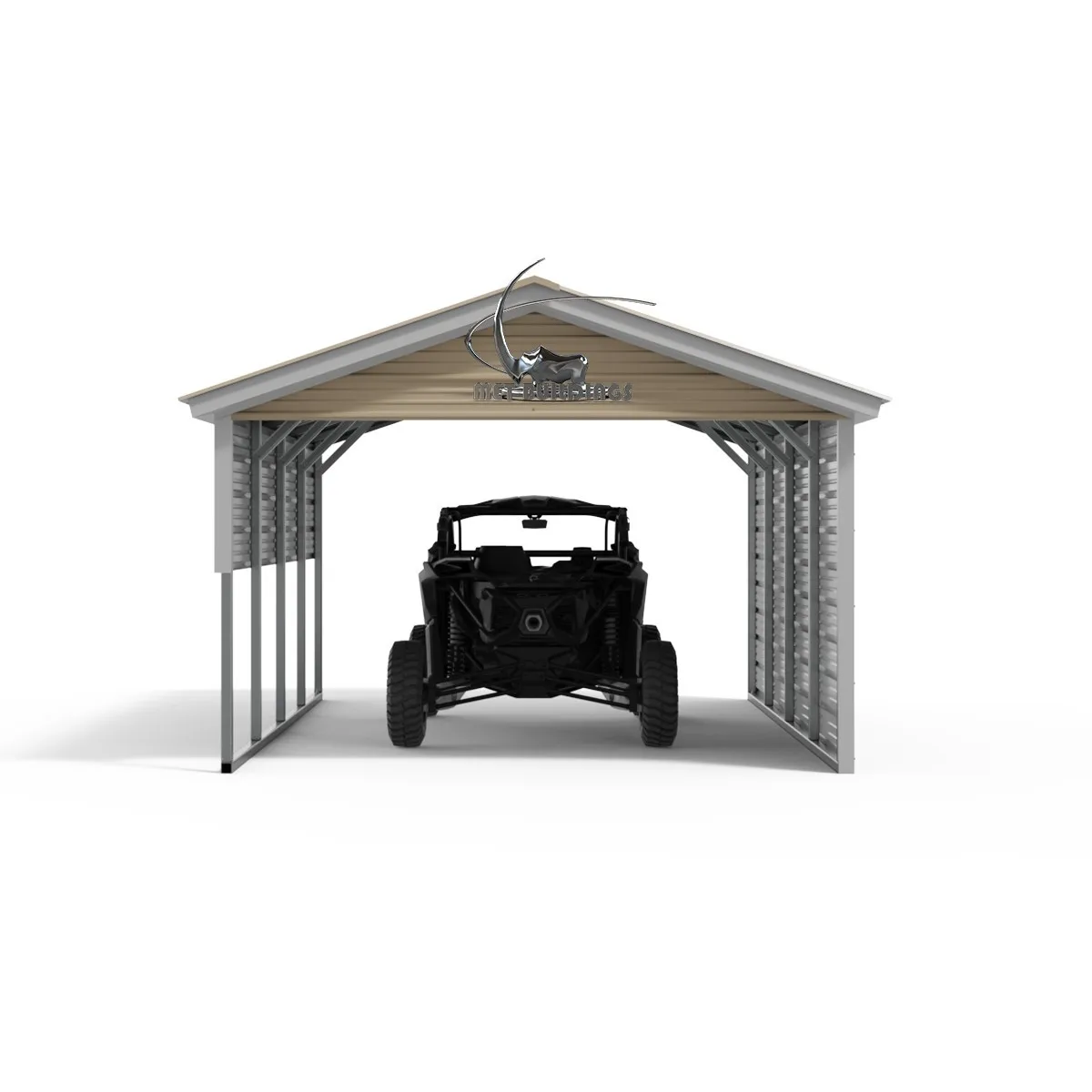 12×20 steel utility cover with a vertical roof, enclosed side panel, and gable end, designed for vehicle protection, storage, and outdoor workspace.