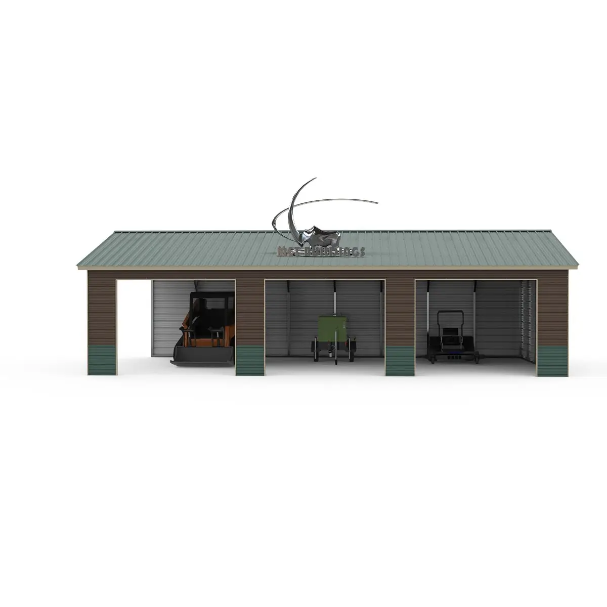 Steel utility cover with a gabled vertical roof, open sides, and a reinforced metal structure, designed for vehicle storage, farm equipment protection, or outdoor workspace.