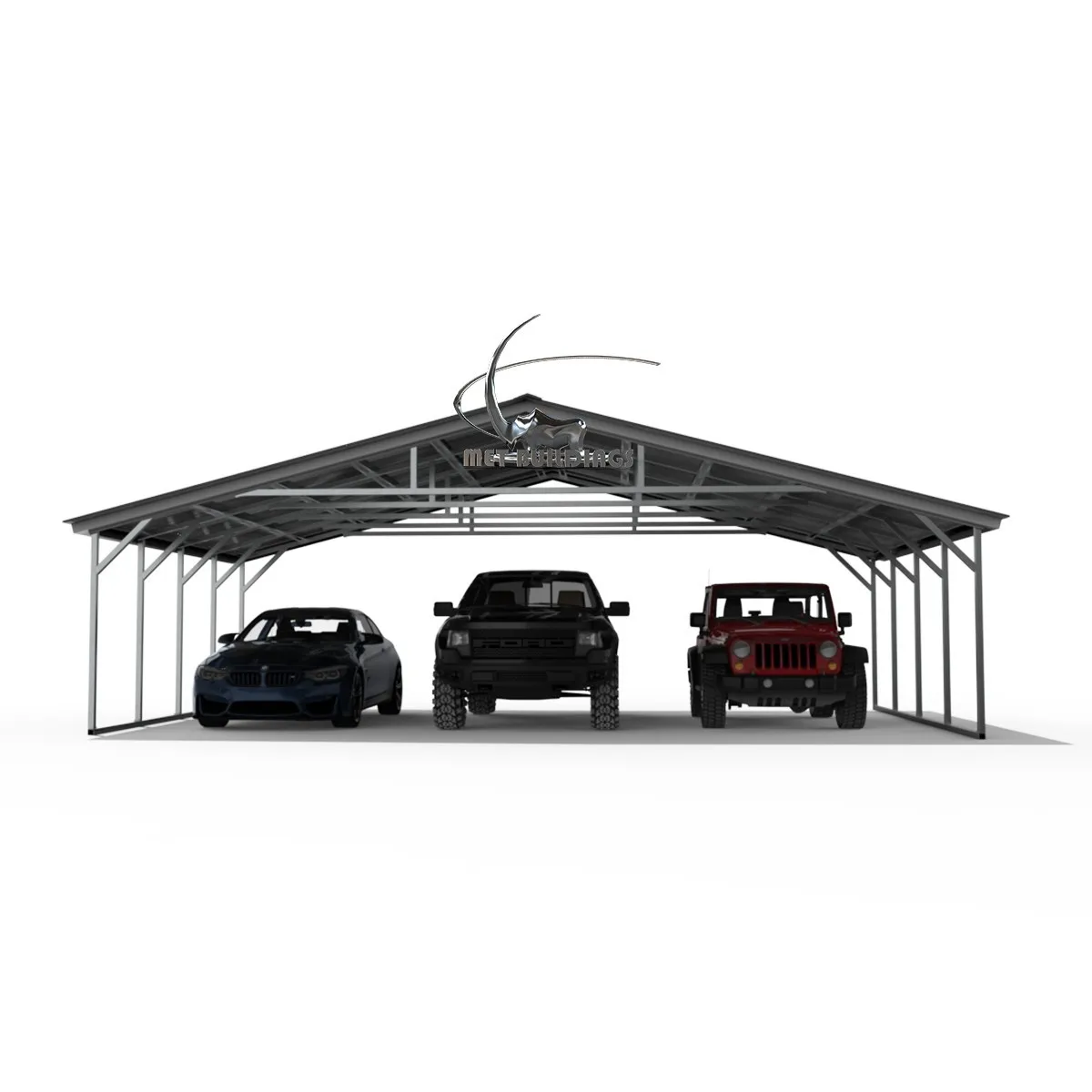 30x30 steel utility carport sheltering three vehicles, featuring a robust metal frame and a weather-resistant vertical roof for all-weather protection.