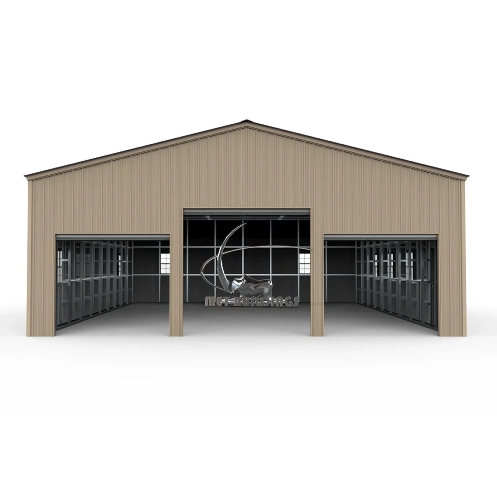 Modern metal building with customizable design, suitable for commercial and residential use, featuring insulation options for energy efficiency and comfort.