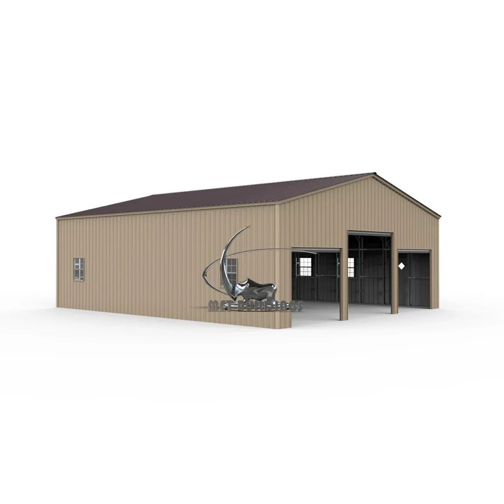 Modern metal building with customizable design, suitable for commercial and residential use, featuring insulation options for energy efficiency and comfort.