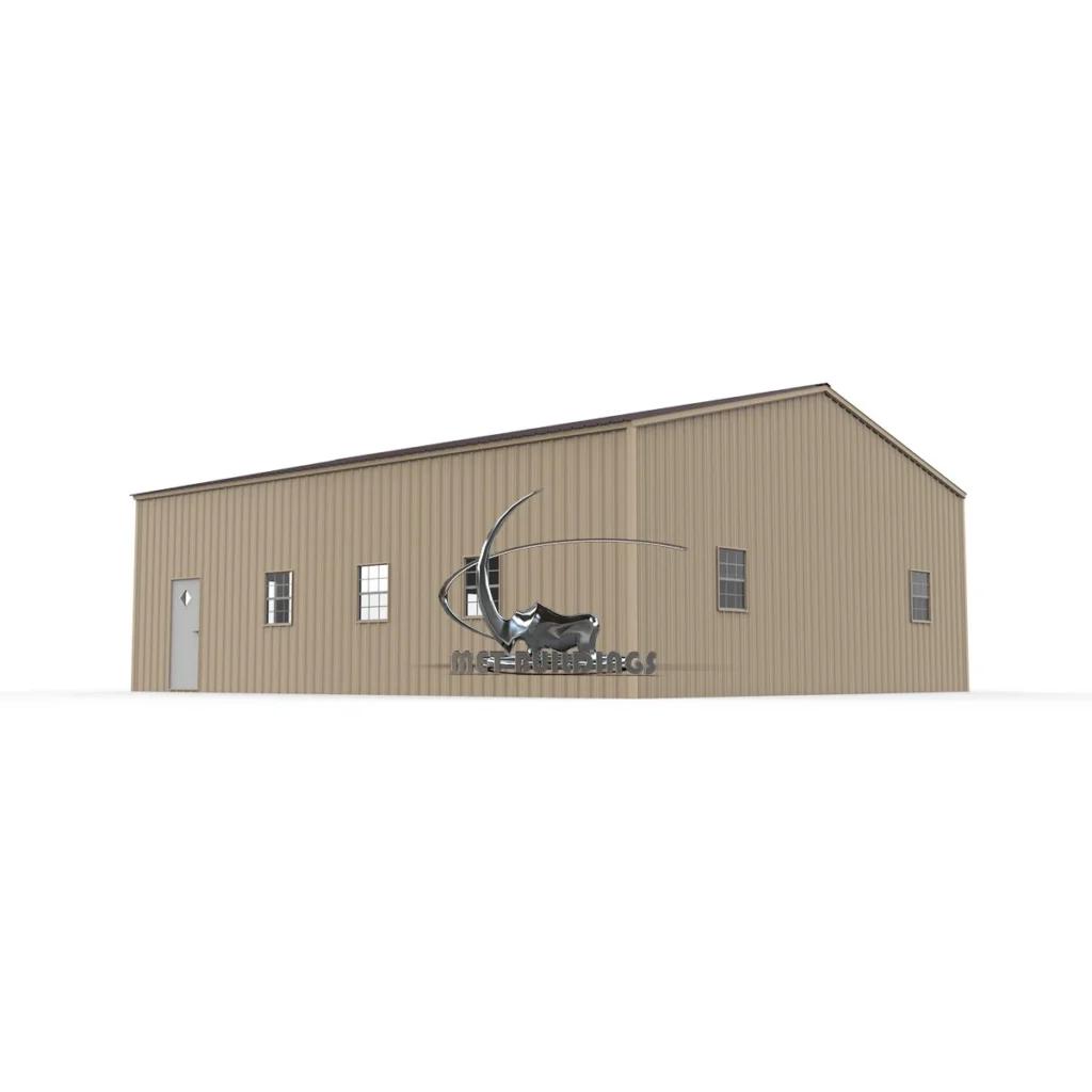 Modern metal building with customizable design, suitable for commercial and residential use, featuring insulation options for energy efficiency and comfort.