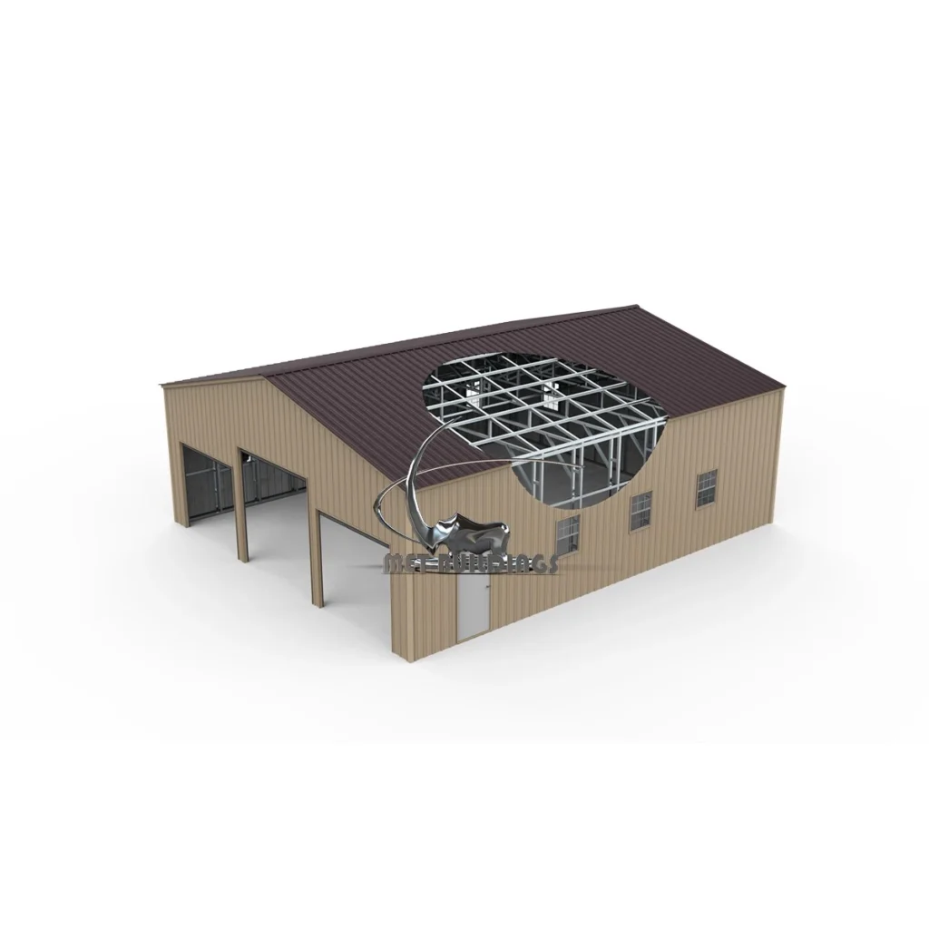 Modern metal building with customizable design, suitable for commercial and residential use, featuring insulation options for energy efficiency and comfort.