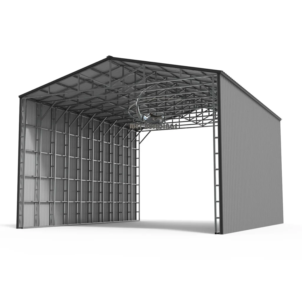 Modern metal building with customizable design, suitable for commercial and residential use, featuring insulation options for energy efficiency and comfort.