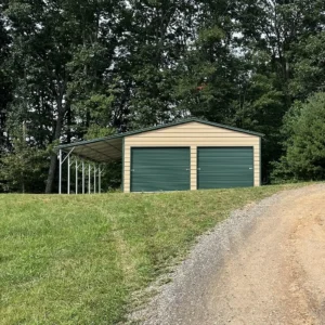 22'x30' steel barn with a 12ft lean-to, two roll-up doors, walk-in door, and a two-tone vertical panel design, providing durable storage and workspace solutions for farms, homes, and businesses.