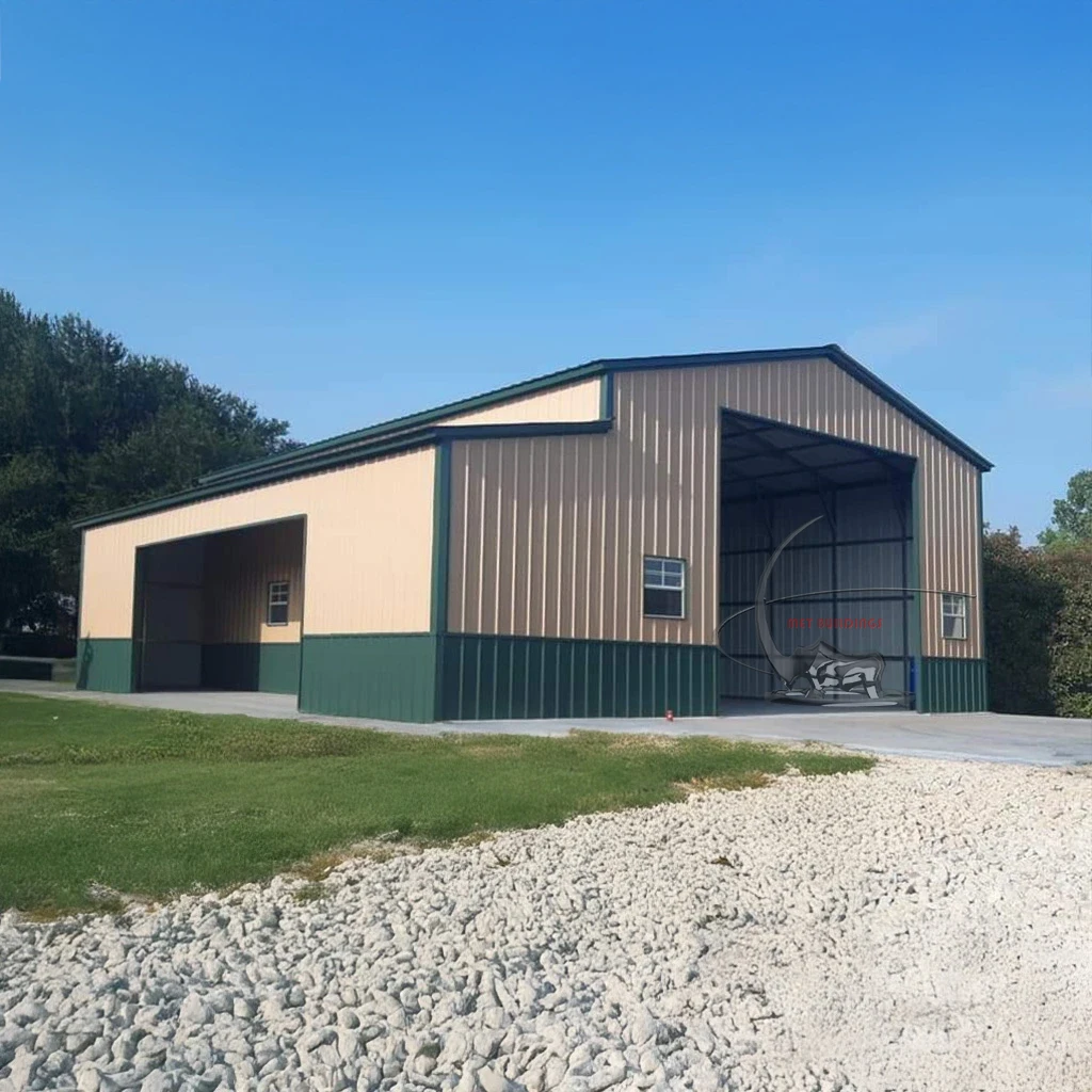 Customizable steel barn with 14-gauge frame, 29-gauge panels, vertical roof, large access doors, and multiple windows, offering durability and versatility for agricultural, residential, and commercial use.