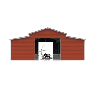 40x60 steel barn with step-down connection, 14-gauge frame, 29-gauge panels, dual lean-tos, and customizable features for storage, workspace, and agricultural needs