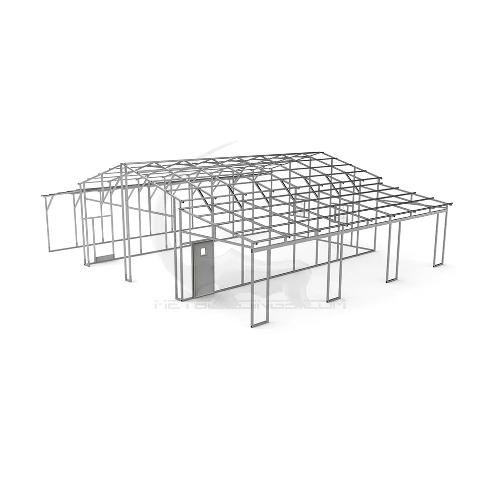 48x40 steel barn with 14-gauge frame, 29-gauge panels, step-down connection design, dual lean-tos, roll-up doors, walk-in doors, and windows for agricultural, residential, or commercial applications