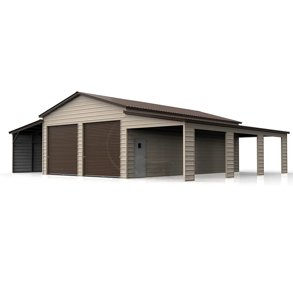 48x40 steel barn with 14-gauge frame, 29-gauge panels, step-down connection design, dual lean-tos, roll-up doors, walk-in doors, and windows for agricultural, residential, or commercial applications