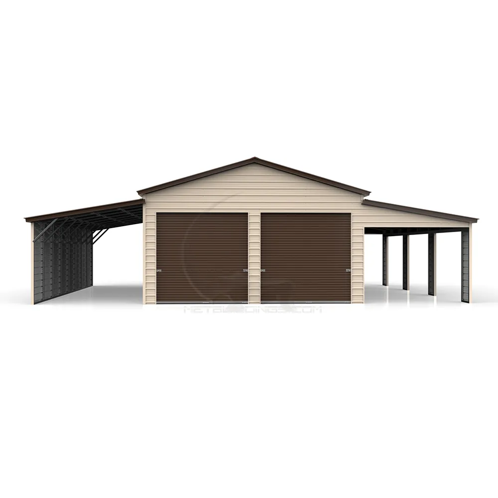 48x40 steel barn with 14-gauge frame, 29-gauge panels, step-down connection design, dual lean-tos, roll-up doors, walk-in doors, and windows for agricultural, residential, or commercial applications