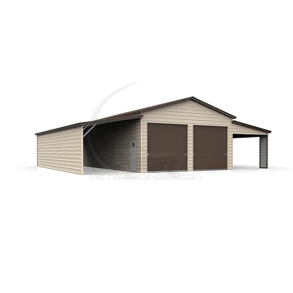 48x40 steel barn with 14-gauge frame, 29-gauge panels, step-down connection design, dual lean-tos, roll-up doors, walk-in doors, and windows for agricultural, residential, or commercial applications