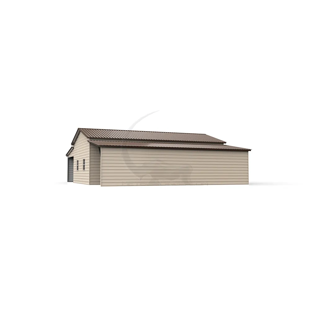 48x40 steel barn with 14-gauge frame, 29-gauge panels, step-down connection design, dual lean-tos, roll-up doors, walk-in doors, and windows for agricultural, residential, or commercial applications