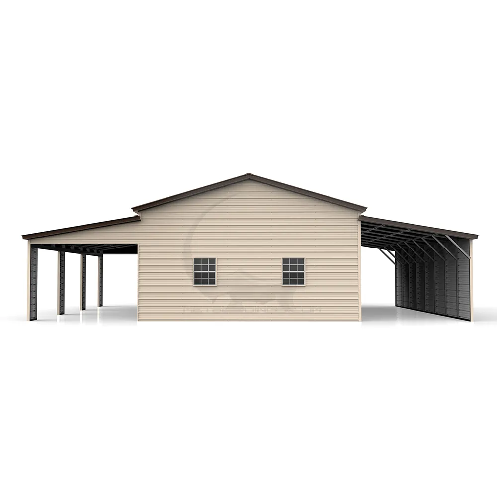 48x40 steel barn with 14-gauge frame, 29-gauge panels, step-down connection design, dual lean-tos, roll-up doors, walk-in doors, and windows for agricultural, residential, or commercial applications