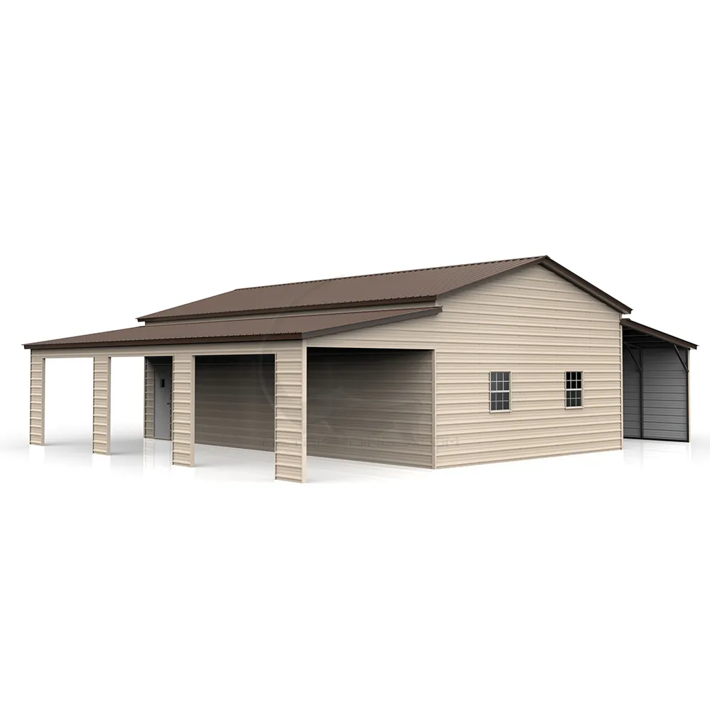 48x40 steel barn with 14-gauge frame, 29-gauge panels, step-down connection design, dual lean-tos, roll-up doors, walk-in doors, and windows for agricultural, residential, or commercial applications