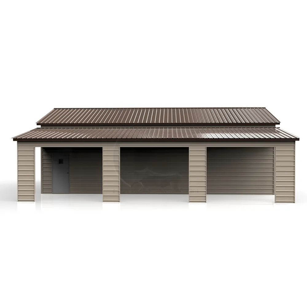 48x40 steel barn with 14-gauge frame, 29-gauge panels, step-down connection design, dual lean-tos, roll-up doors, walk-in doors, and windows for agricultural, residential, or commercial applications