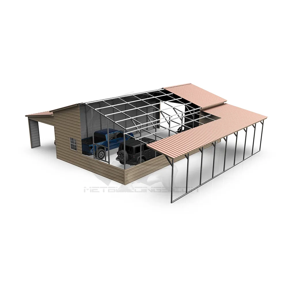 48x40 step-down steel barn featuring a 14-gauge frame, 29-gauge panels, dual 12x40 lean-tos, roll-up doors, walk-in doors, and windows for agricultural, residential, or commercial uses.