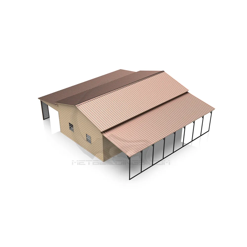 48x40 step-down steel barn featuring a 14-gauge frame, 29-gauge panels, dual 12x40 lean-tos, roll-up doors, walk-in doors, and windows for agricultural, residential, or commercial uses.