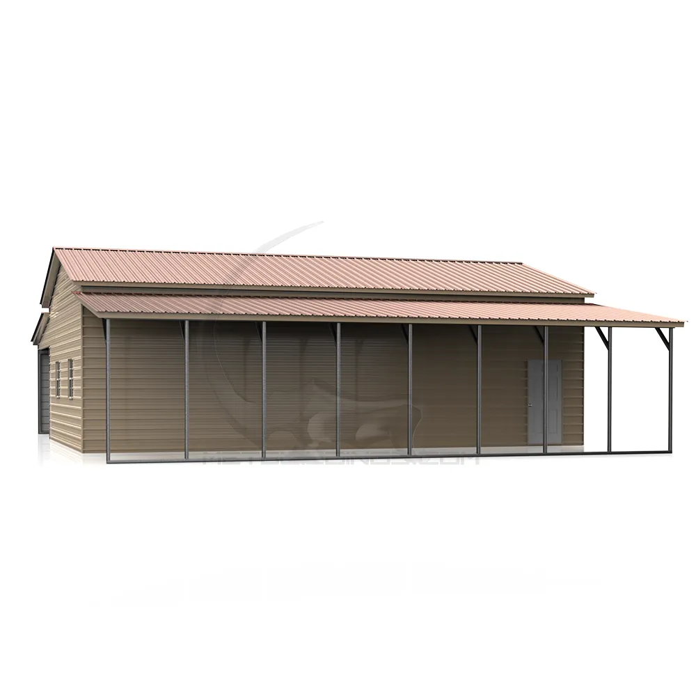 48x40 step-down steel barn featuring a 14-gauge frame, 29-gauge panels, dual 12x40 lean-tos, roll-up doors, walk-in doors, and windows for agricultural, residential, or commercial uses.