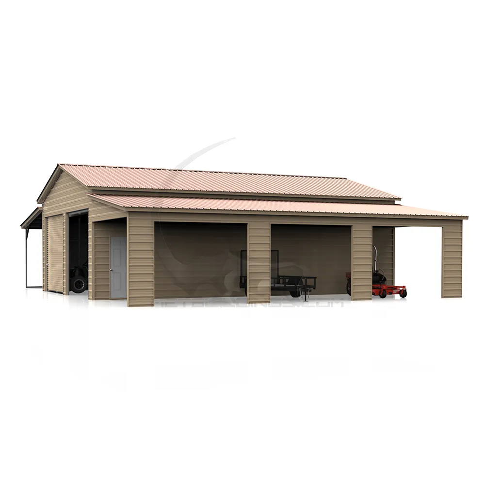 48x40 step-down steel barn featuring a 14-gauge frame, 29-gauge panels, dual 12x40 lean-tos, roll-up doors, walk-in doors, and windows for agricultural, residential, or commercial uses.