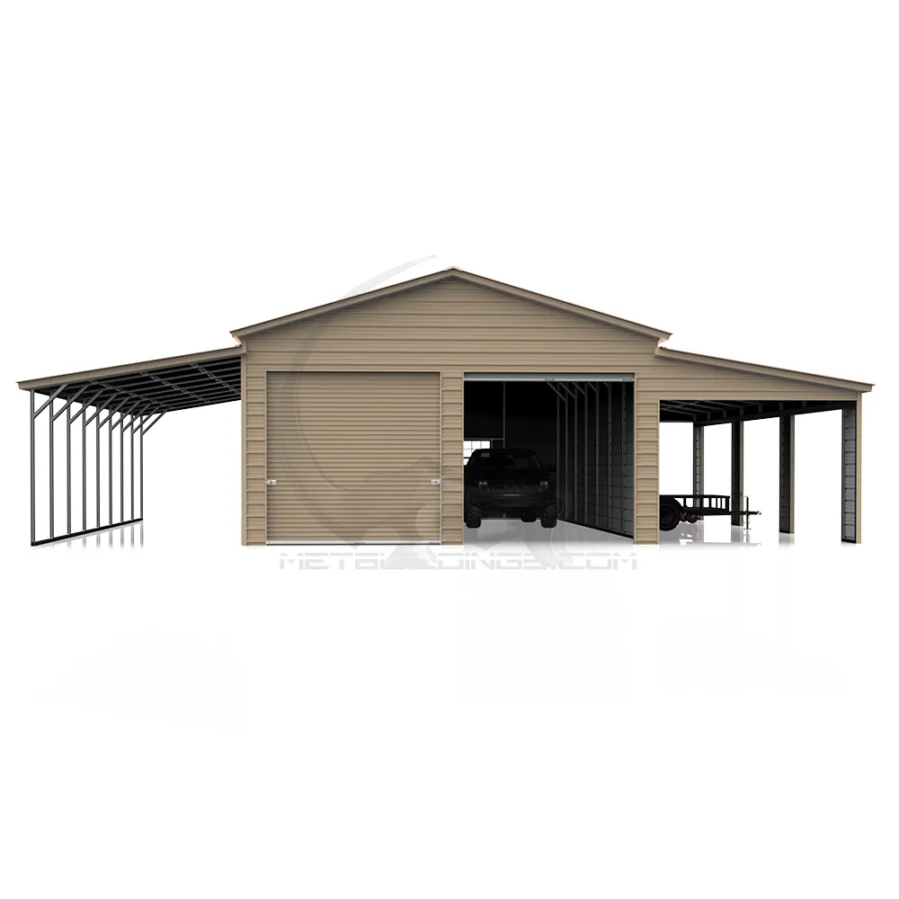 48x40 step-down steel barn featuring a 14-gauge frame, 29-gauge panels, dual 12x40 lean-tos, roll-up doors, walk-in doors, and windows for agricultural, residential, or commercial uses.