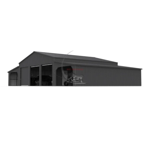 Modern metal building with customizable design, suitable for commercial and residential use, featuring insulation options for energy efficiency and comfort.