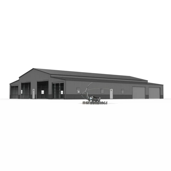 Modern metal building with customizable design, suitable for commercial and residential use, featuring insulation options for energy efficiency and comfort.