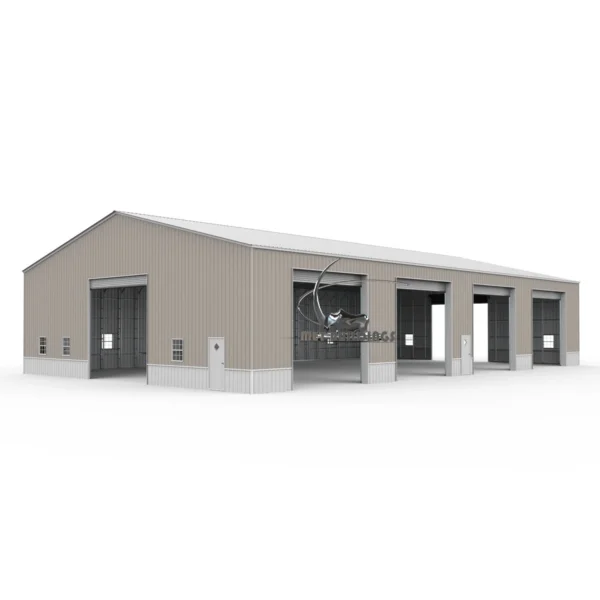 Modern metal building with customizable design, suitable for commercial and residential use, featuring insulation options for energy efficiency and comfort.