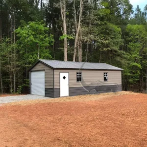 18x31 enclosed steel Garage with 14-gauge frame, 29-gauge panels, 1 roll-up door (10x8), 1 walk-in door (36x80), and 4 windows (30x36). Fully enclosed and designed for durability and versatility.