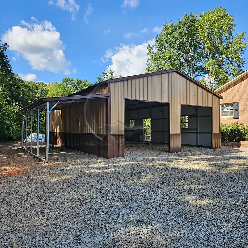 Durable steel garage with galvanized steel construction, energy-efficient insulation options, and customizable features like roll-up doors, walk-in access, and various roof styles."