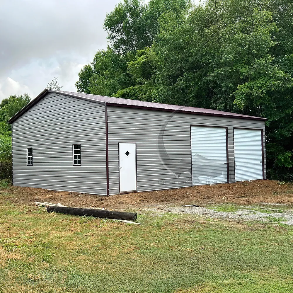 30x50 enclosed steel Garage with 14-gauge steel framing, 29-gauge panels, 2 roll-up doors (10x10), walk-in door (36x80), 2 windows (30x36), and double bubble insulation in roof and walls."