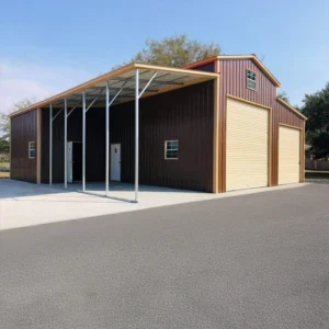 Front view of 42x40 Metal Building with Lean-Tos featuring spacious entry and utility doors